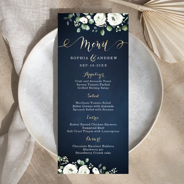 Menu Casamento floral branco azul-marinho de guião-ouro (Modern gold script navy blue white floral wedding menu)