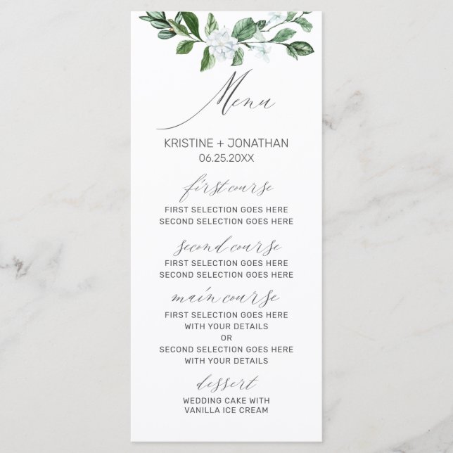 Menu Casamento Floral Branco da Moderna Sage Greenery (Frente)