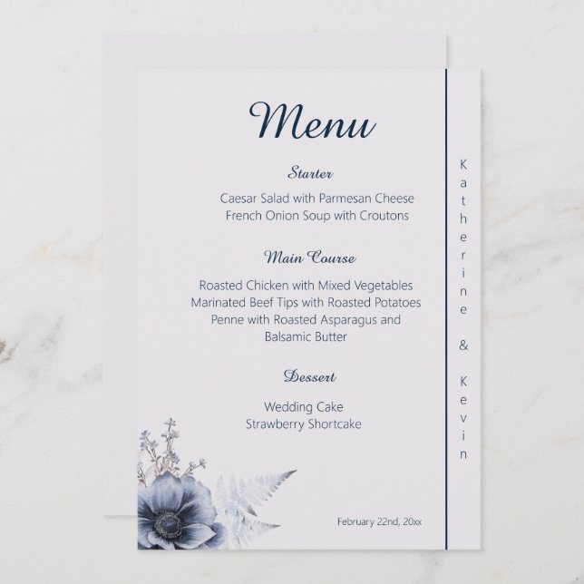 Menu Casamento Floral Branco e Azul Elegante (Frente/Verso)