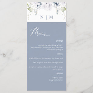 Menu Casamento Floral Branco e Azul Elegante