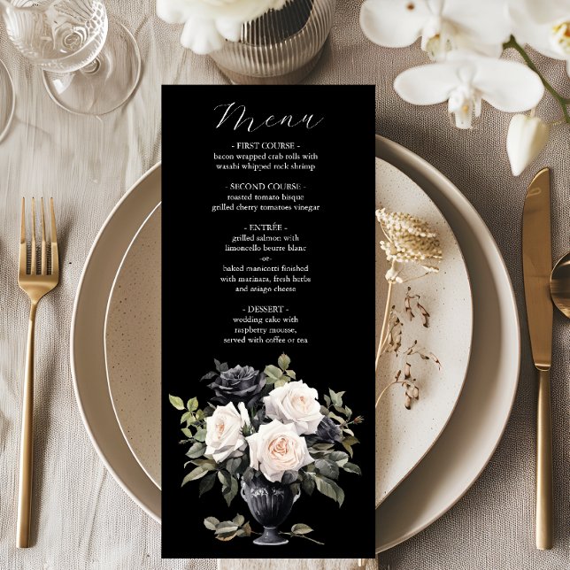 Menu Casamento Floral Branco e Negro Moderno (Criador carregado)