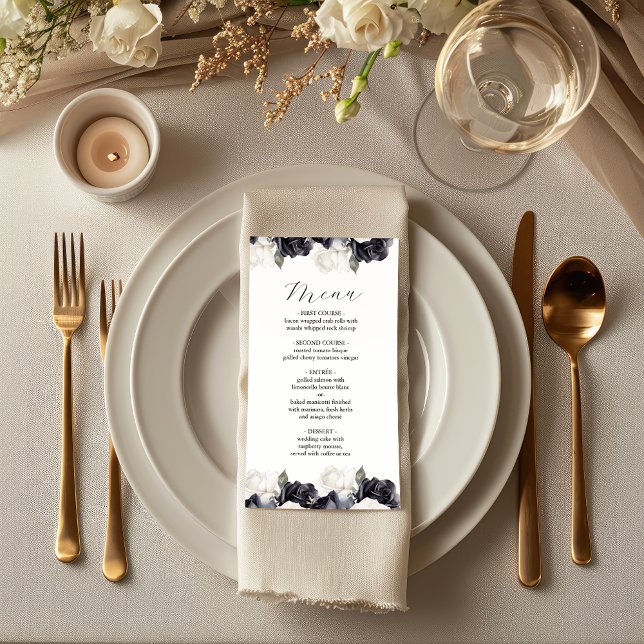 Menu Casamento Floral Branco e Preto Elegante (Criador carregado)