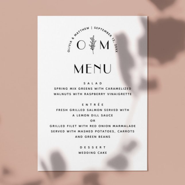 Menu Casamento Floral Branco e Preto Moderno | Minimali (Criador carregado)