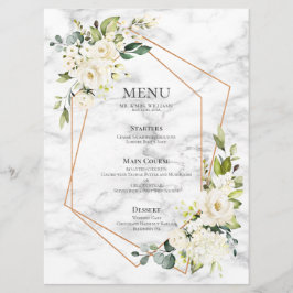 Menu Casamento Floral Branco Marble Geométrico de Cobre