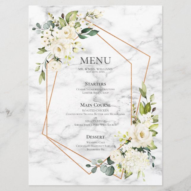 Menu Casamento Floral Branco Marble Geométrico de Cobre (Frente)