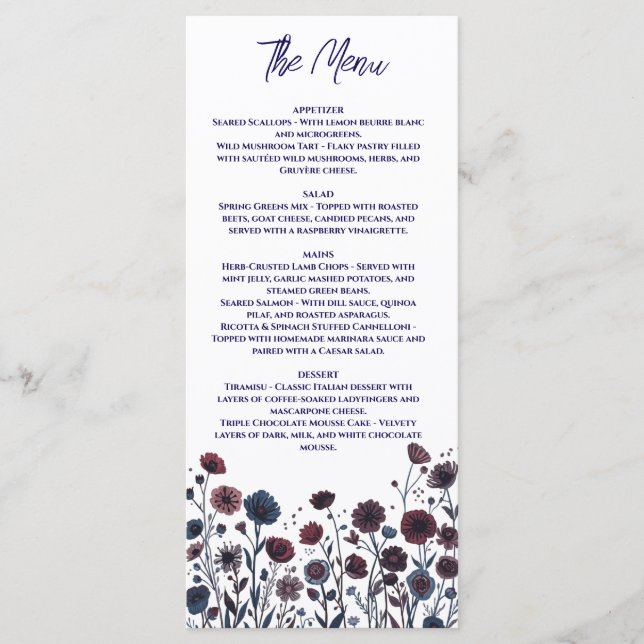 Menu Casamento Floral Burgundy & Azul Temperamental (Frente)