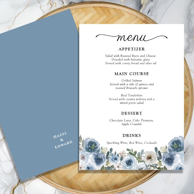 Menu Casamento Floral Clássico com Dusty Blue Watercolo (Classic Dusty Blue Watercolor Floral Wedding Menu)