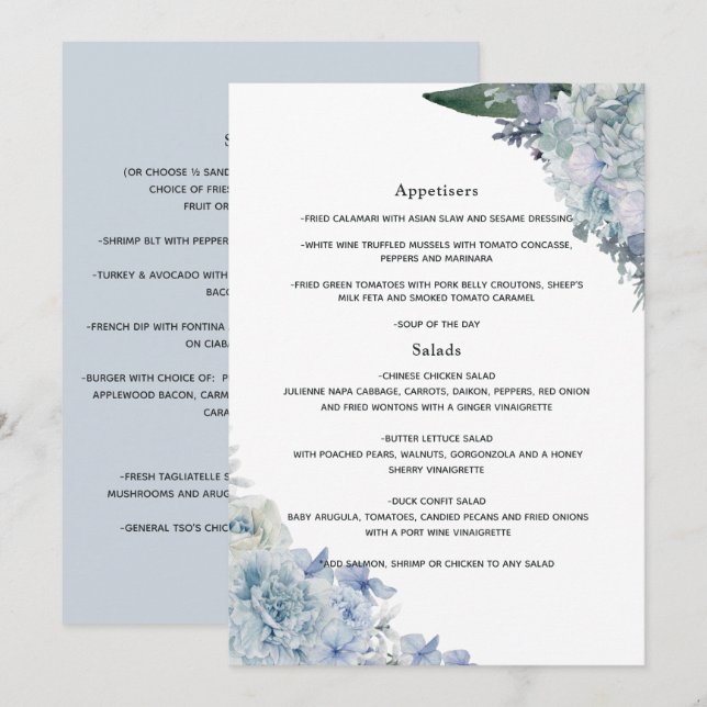 Menu Casamento Floral com Aquarela Azul Empoeirada (Frente/Verso)