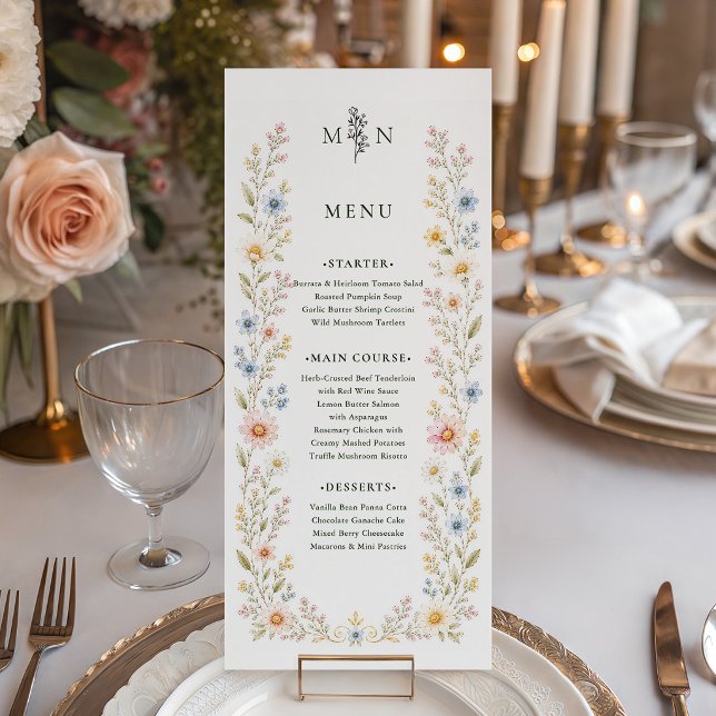 Menu Casamento Floral com Aquarela de Flores Silvestres (Criador carregado)