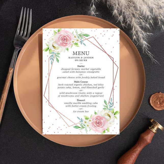 Menu Casamento Floral com Folha Rosa de Ouro Geométrica (Criador carregado)
