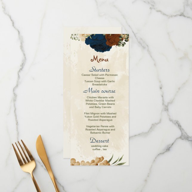 Menu casamento floral com marinho de terracotta (Frente/Verso In Situ)