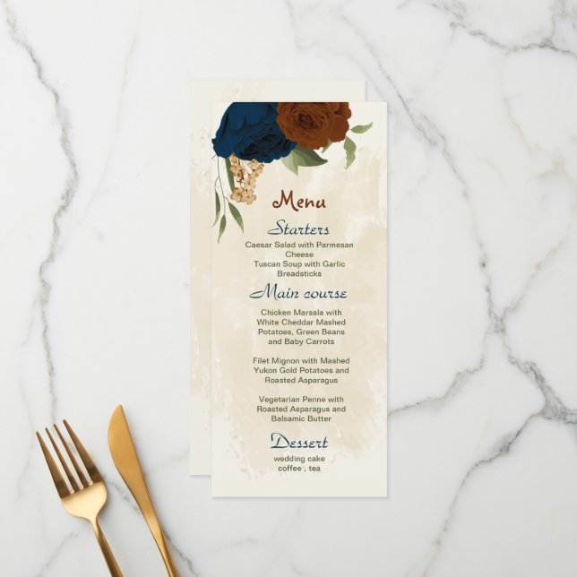 Menu casamento floral com marinho de terracotta (Frente/Verso In Situ)