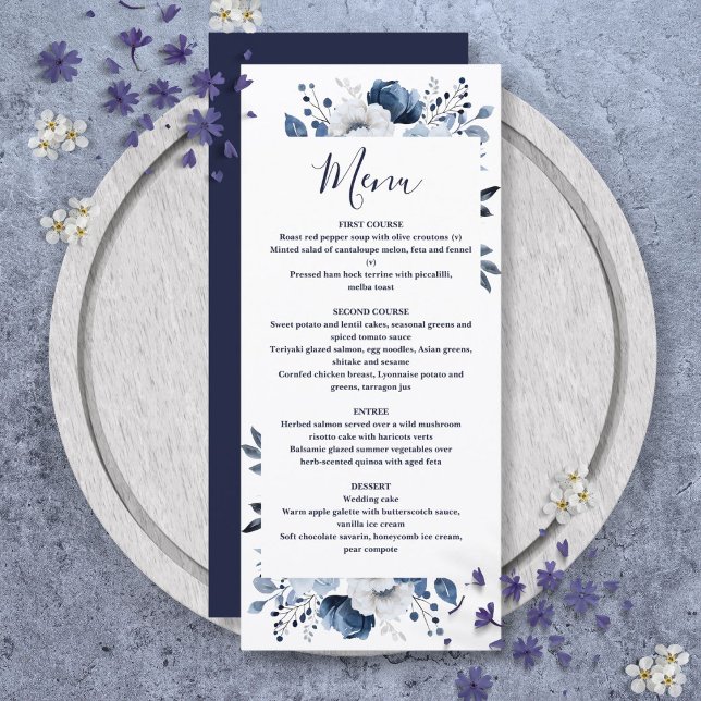 Menu Casamento Floral Country Azul Marinho Elegante (Navy Blue Elegant Country Floral Wedding Menu)