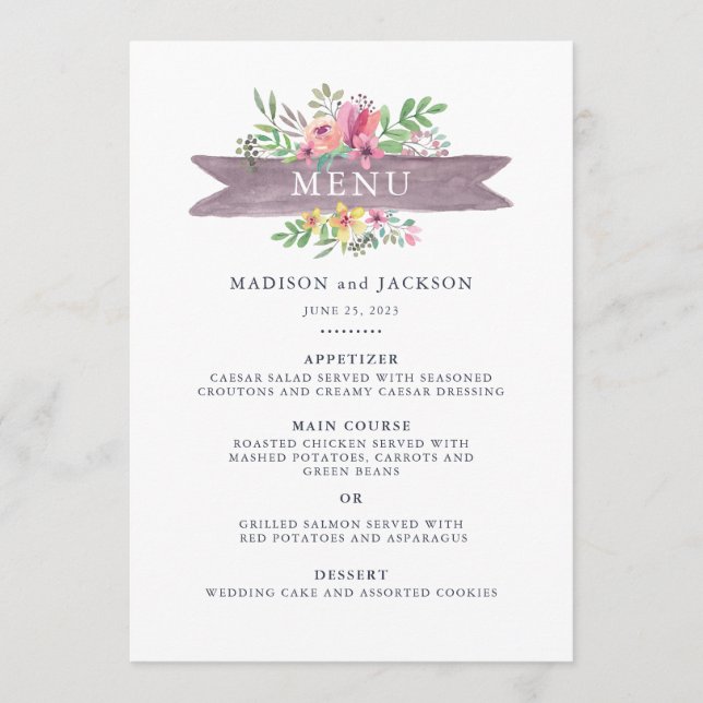 Menu Casamento floral da aguarela (Frente)