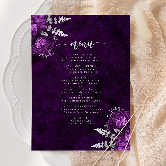 Menu Casamento Floral de Ameixa Elegante Prata (Criador carregado)