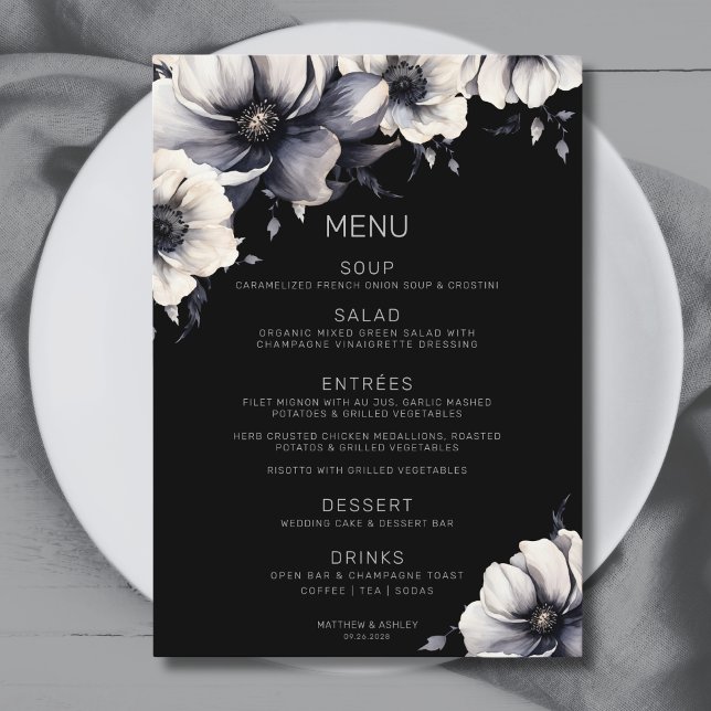 Menu Casamento Floral de Anêmona Negra Moderna Elegante (Elegant Black Floral Wedding Menu)