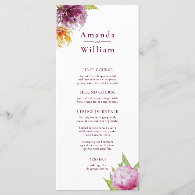 Menu Casamento Floral de Aquarela (Frente)