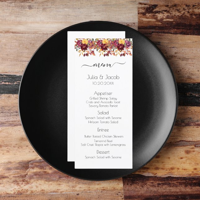 Menu Casamento Floral de Aquarela de outono Elegante (Elegant Autumn Watercolor Floral Wedding Party Supplies)