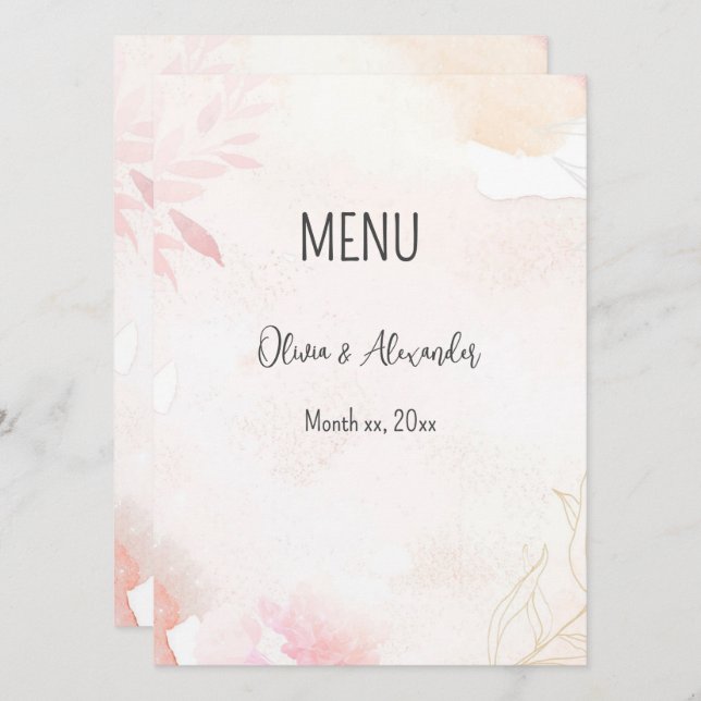 Menu Casamento Floral de Blush de Molho de Água (Frente/Verso)