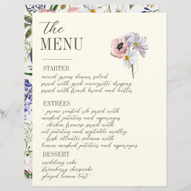 Menu Casamento Floral de Bordas Roxas e Cremes (Frente/Verso)