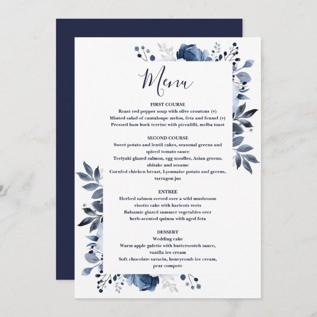 Menu Casamento Floral de Campo Elegante Azul-marinho (Frente/Verso)