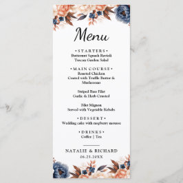 Menu Casamento floral de cor azul Dusty & Terracotta