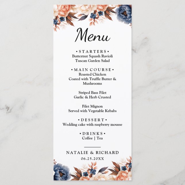 Menu Casamento floral de cor azul Dusty & Terracotta (Frente)