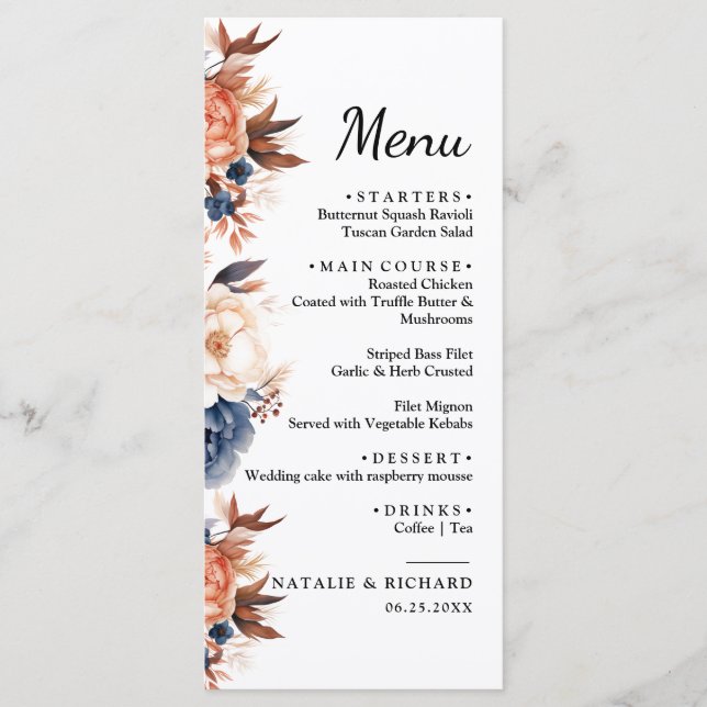 Menu Casamento floral de cor azul Dusty & Terracotta (Frente)