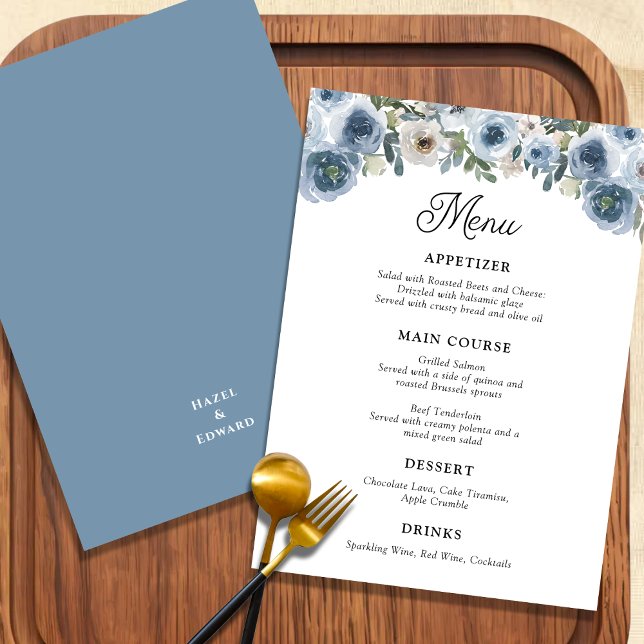 Menu Casamento Floral de Cor Azul Mínimo Dusty (Minimalist Dusty Blue Watercolor Floral Wedding Menu)