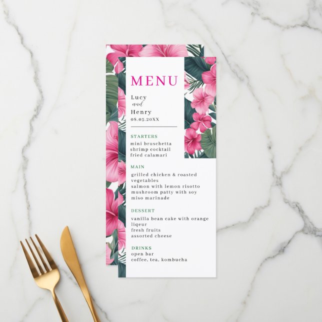 Menu Casamento Floral de Feriado Rosa Tropical (Frente/Verso In Situ)