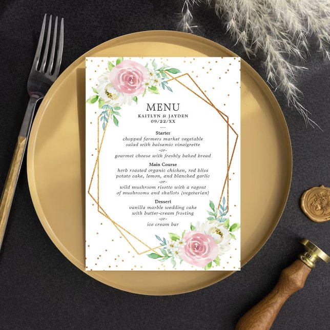 Menu Casamento Floral De Folha De Ouro Geométrico Chic (Criador carregado)