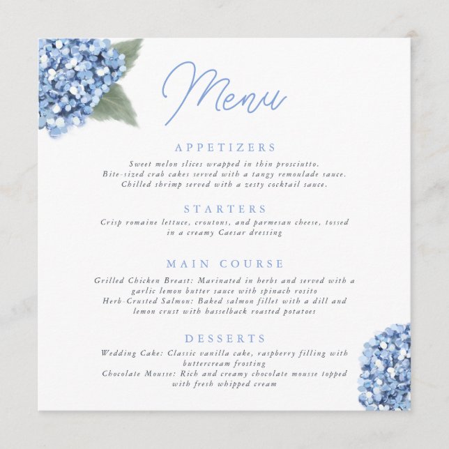Menu Casamento Floral de Hydrangea Azul Elegante (Frente)