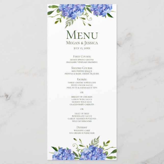 Menu Casamento Floral de Hydrangeas Azuis LGBTQ (Frente)