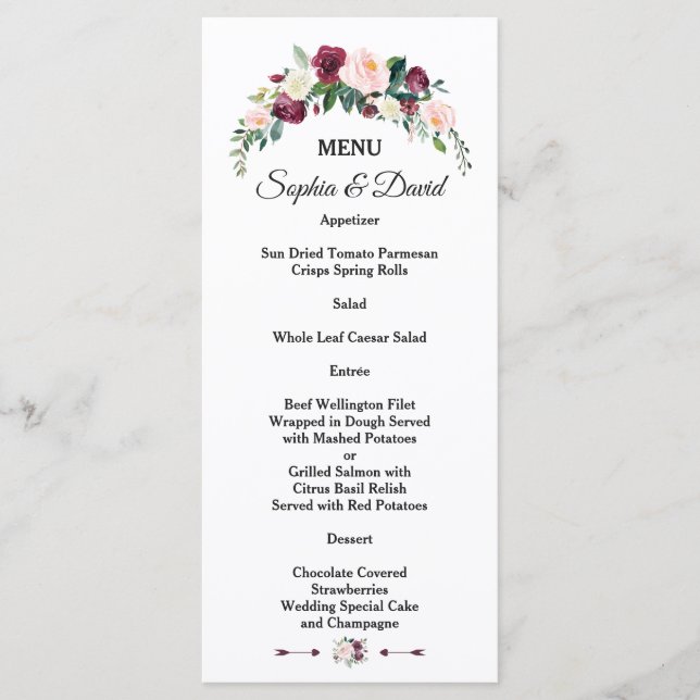 Menu Casamento Floral de Ilegante Burgundy Blush Ivory (Frente)