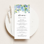 Menu Casamento Floral de Inverno com Hydrangeas Azuis d<br><div class="desc">Adicione um sotaque floral elegante à sua colchete de eventos com este cartão de menu floral personalizável. Apresenta terra floral de cor-de-água, com hífenes azuis e roxas, rosas de marfim e verde. Personalize este cartão de menu floral de cor d'água adicionando seus próprios detalhes. Esta placa de menu hydrangea é...</div>