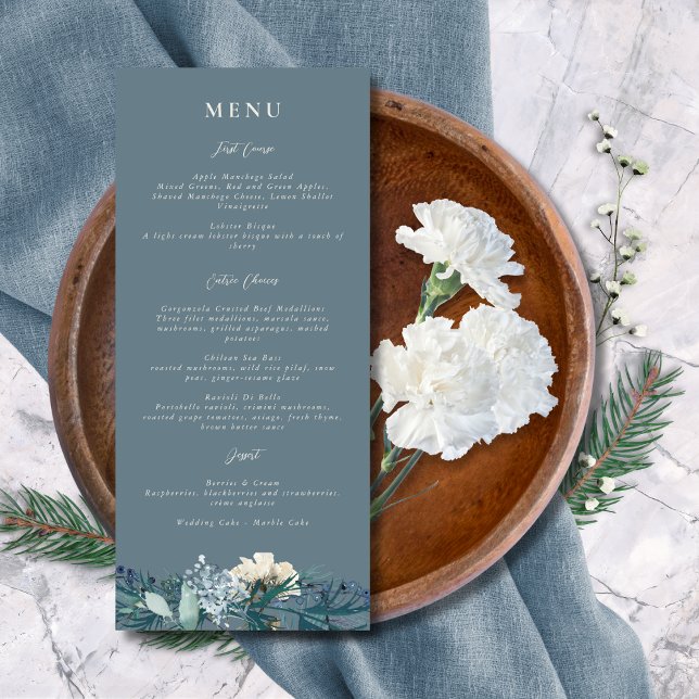 Menu Casamento Floral de Inverno em Azul Cinza Desbotad (Criador carregado)