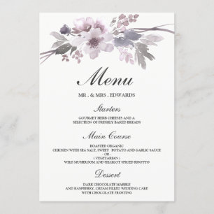 Menu Casamento Floral de Inverno Roxo Cinza Elegante