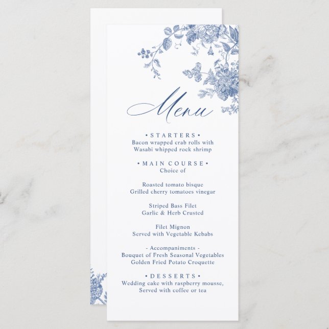 Menu Casamento Floral de Jardim Azul e Vitoriano (Frente/Verso)