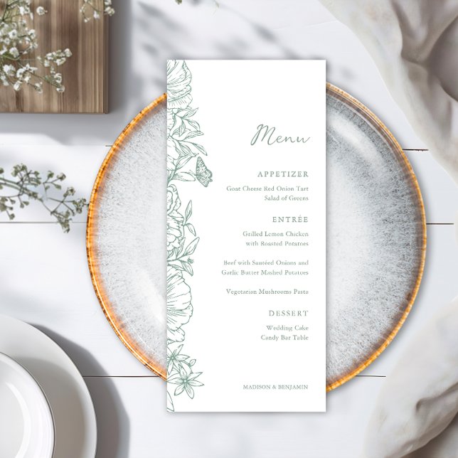 Menu Casamento Floral de Jardim em Verde Salvia Simples (Criador carregado)