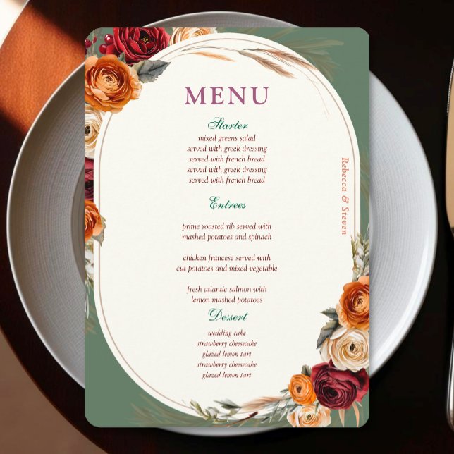 Menu Casamento floral de laranja de outono na moda (Criador carregado)