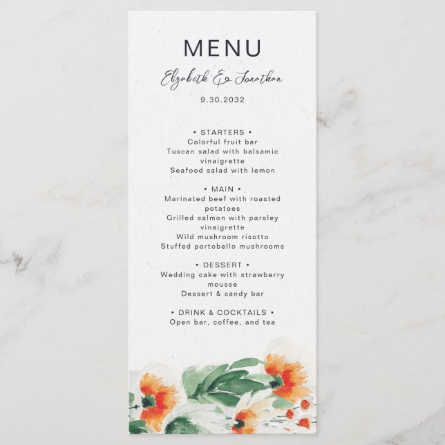 Menu Casamento floral de laranja verde-alaranjado (Frente)