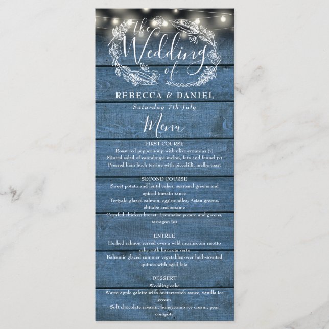 Menu Casamento Floral de Madeira Rústica Azul (Frente)