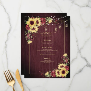 Menu Casamento Floral de Madeira Rústica Sunflower Bur