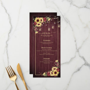 Menu Casamento Floral de Madeira Rústica Sunflower Bur