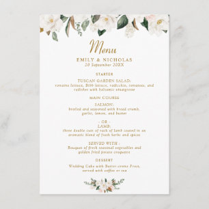 Menu casamento floral de magnólia branca e dourada