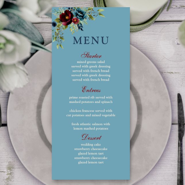 Menu Casamento floral de marinho azul empoeirado Elegan (Criador carregado)