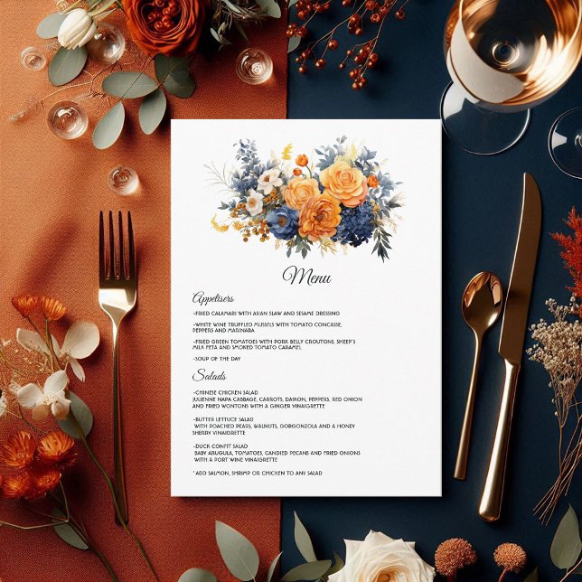 Menu Casamento Floral de marinho Azul, Laranja Queimado (Navy Blue, Burnt Orange and Champagne Floral Wedding Menu)