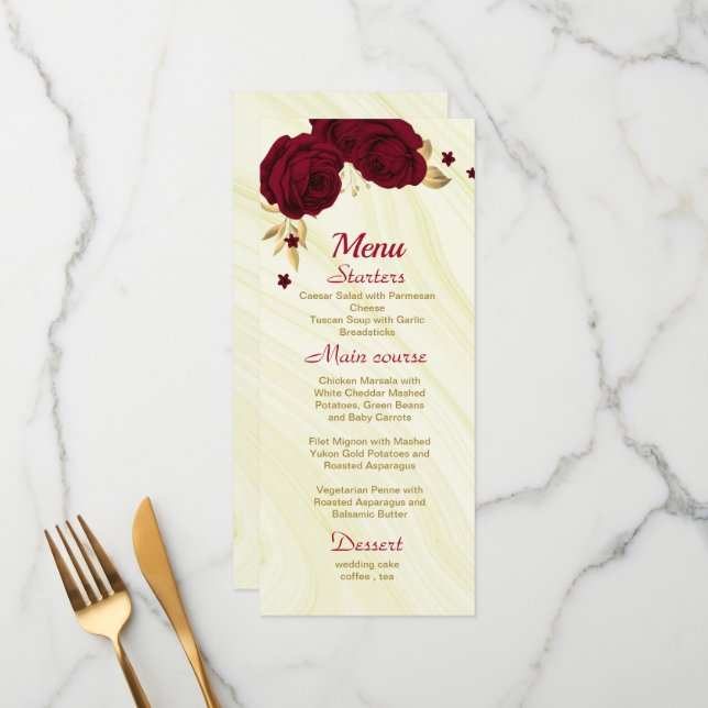 Menu casamento floral de ouro burgundy (Frente/Verso In Situ)