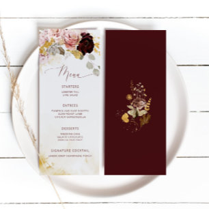 Menu Casamento floral de ouro Elegante Burgundy