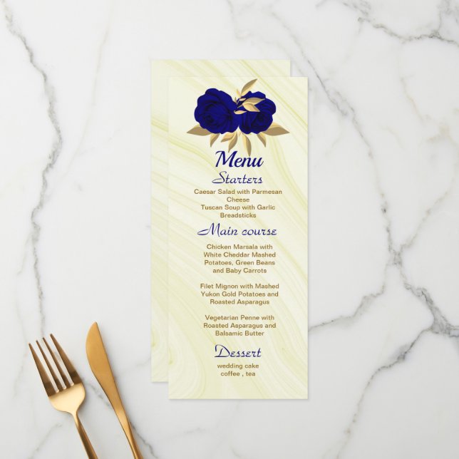 Menu casamento floral de ouro real e azul-chic (Frente/Verso In Situ)